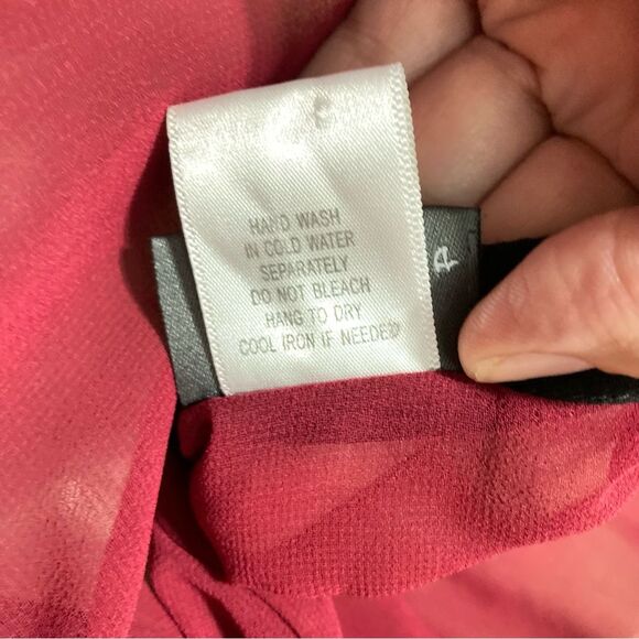 Sheer Button Down High Low Tunic Maroon Black Accent Blouse Womens Large - Picture 11 of 12